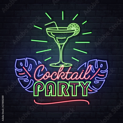 Neon sign cocktail party with fluorescent tropic leaves. Vintage electric signboard.