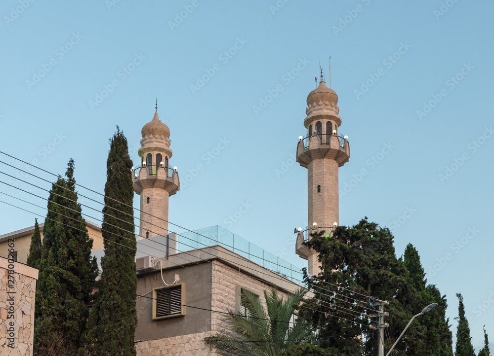 Evening view from the adjacent street to the Ahmadiyya Shaykh Mahmud mosque in Haifa city in Israel