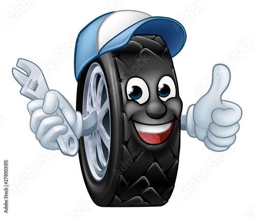 A tyre cartoon car mechanic service mascot holding a spanner and giving a thumbs up