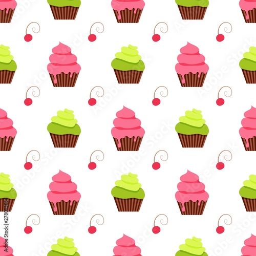 Vector Illustration Cupcakes and Cherry Pattern. 