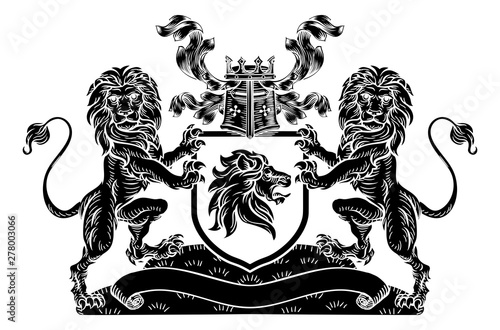 A medieval heraldic coat of arms crest emblem with lion supporters flanking shield and a knights helmet and filigree leaf design in vintage retro woodcut style.