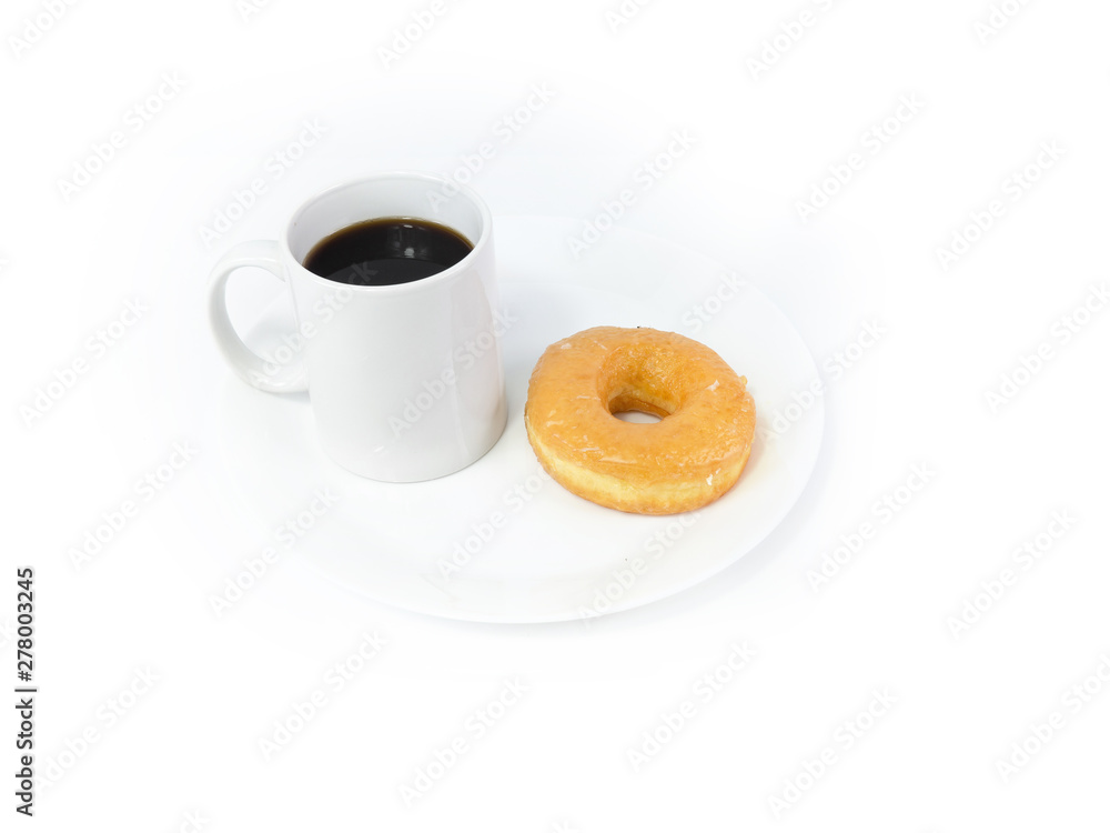 coffee in White mug and donuts on a white plate on the white background coffee in White mug and donuts on a white plate on the white background