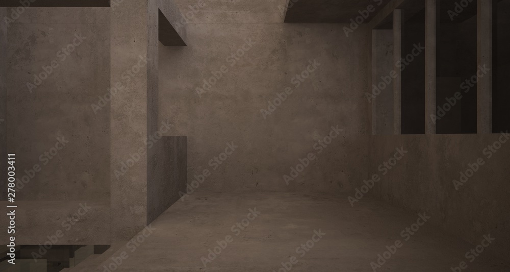 Abstract architectural brown and beige concrete interior of a minimalist house with white background . 3D illustration and rendering.