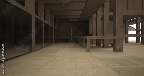 Abstract architectural brown and beige concrete interior of a minimalist house with white background . 3D illustration and rendering.