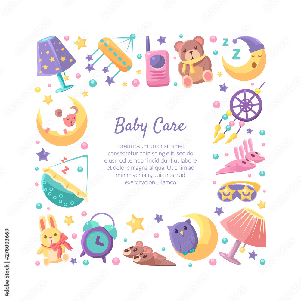 Baby Care Frame of Square Shape with Place for Text Vector Illustration