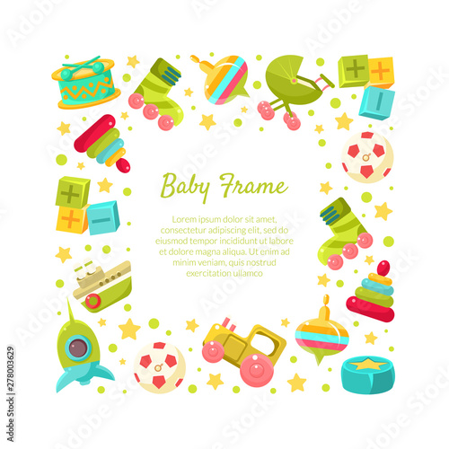 Baby Frame of Square Shape with Place for Text and Cute Toys Vector Illustration