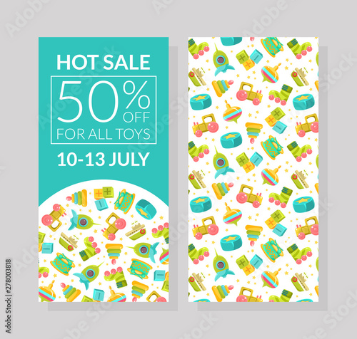 Hot Sale Banner Template, 50 Percent Off for All Toys, Design Element with Childish Pattern for Voucher, Flyer, Coupon Vector Illustration photo