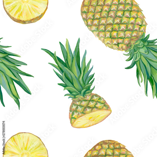 Seamless pattern with bright and fresh fruits. Drawing of acrylic paints pineapples on a white background. Beautiful tropical hand-drawn wallpaper. Organic food. Realistic drawings. photo