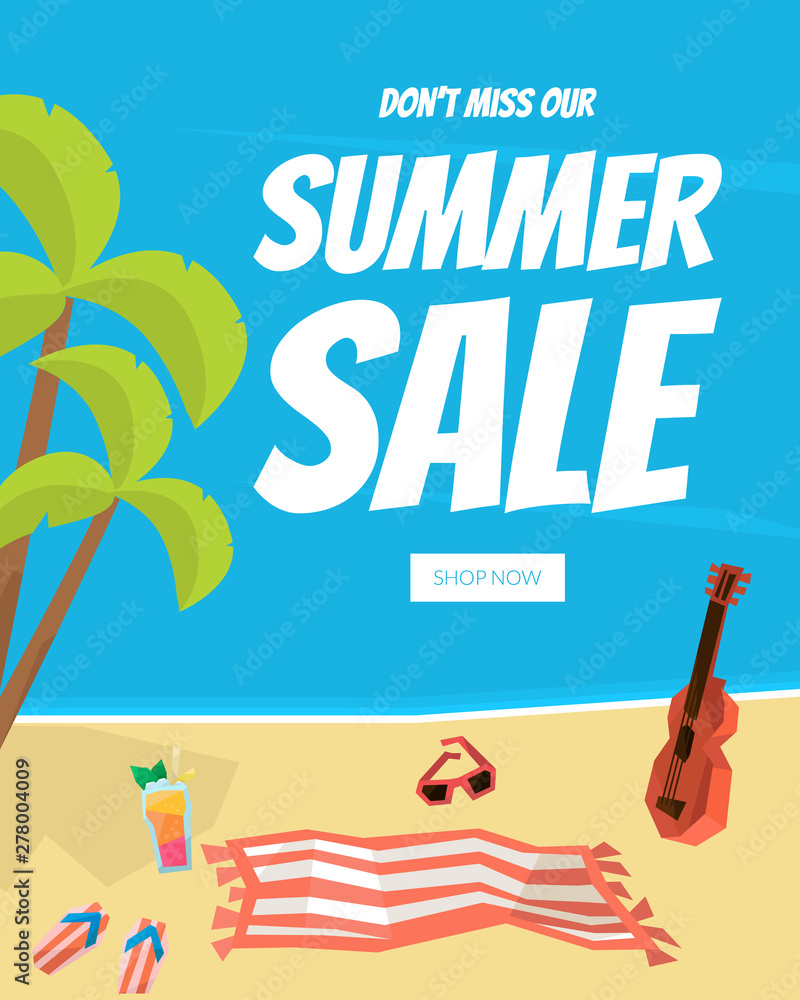 Summer Sale Landing Page Template with Tropical Beach, Travel and Vacation Vector Illustration