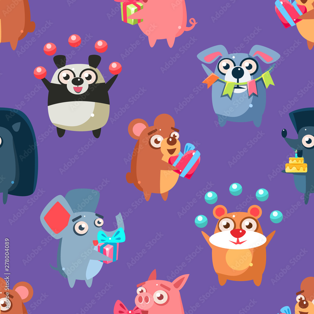 Cute Funny Circus Animals Seamless Pattern, Childish Style Design Element Can Be Used for Fabric, Wallpaper, Packaging Vector Illustration Cute Funny Circus Animals Seamless Pattern, Childish Style Design Element Can Be Used for Fabric, Wallpaper, Packaging Vector Illustration