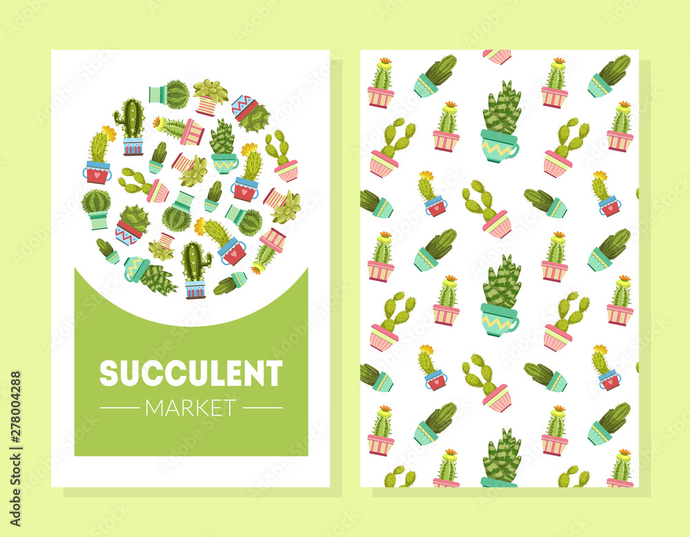 Succulents Card Template, Cactuses in Flower Pots Seamless Pattern, Flower Shop Design Element, Banner, Invitation, Voucher, Flyer, Coupon Succulents Card Template, Cactuses in Flower Pots Seamless Pattern, Flower Shop Design Element, Banner, Invitation, Voucher, Flyer, Coupon