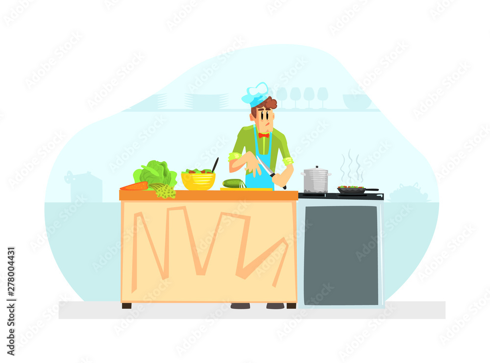 Cheerful Chef Cooking Vegetables in Kitchen Vector Illustration Cheerful Chef Cooking Vegetables in Kitchen Vector Illustration