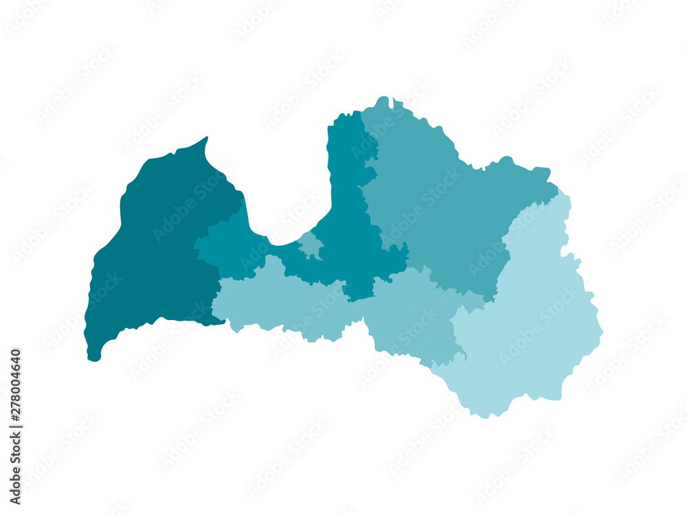 Vector isolated illustration of simplified administrative map of Latvia. Borders of the regions. Colorful blue khaki silhouettes