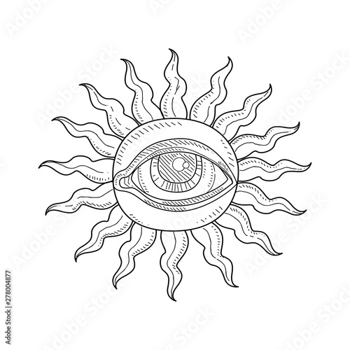 Antique Sun with Providence Eye, Esoteric Occult Symbol Monochrome Hand Drawn Vector Illustration