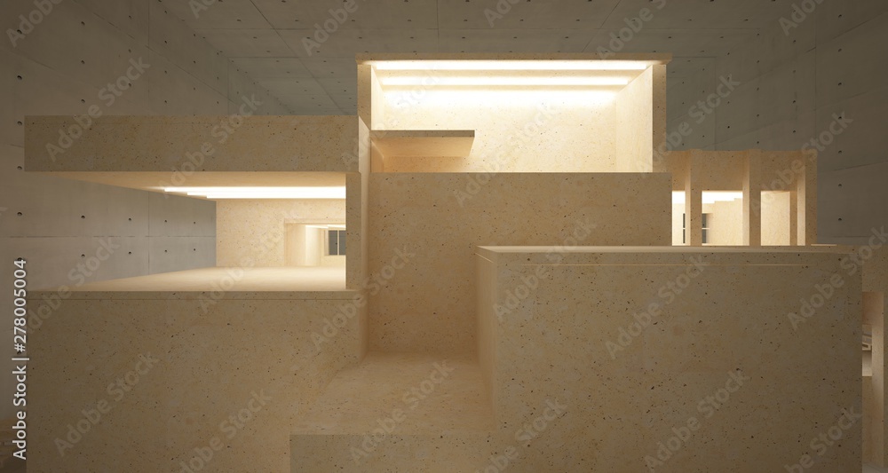 Abstract architectural concrete, coquina and glass interior of a minimalist house with neon lighting. 3D illustration and rendering.