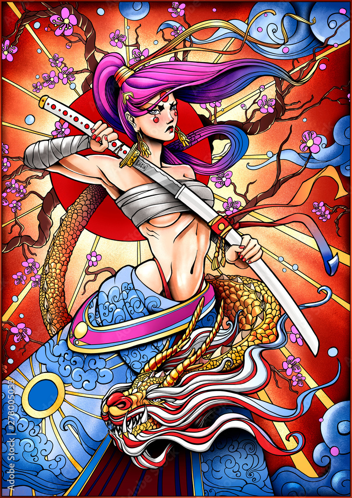 Fototapeta Illustration of a samurai girl with a katana, whose hair flies dragon with Golden scales