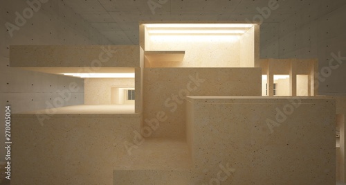 Obraz na płótnie Abstract architectural concrete, coquina and glass interior of a minimalist house with neon lighting. 3D illustration and rendering. w salonie