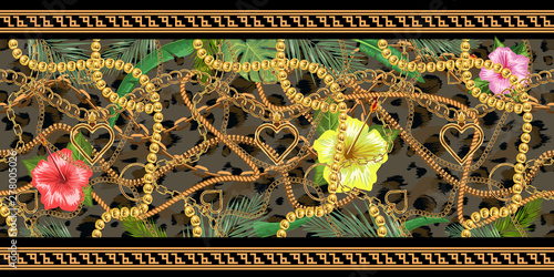 Horizontal chains seamless with tropical flowers and leopard skin. Horizontal seamless border. Vector illustration.