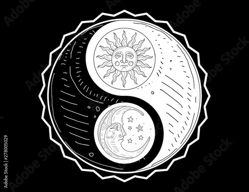 Hand Drawn Yin Yang Symbol, Sun and Moon with Face Monochrome Vector Illustration