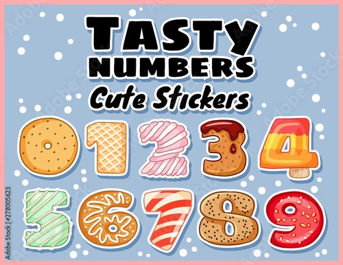 Set of tasty numbers symbols stickers. Delicious, sweet, glazed, chocolate, yummy, tasty, shaped font numbers. Colorful vector typography elements collection