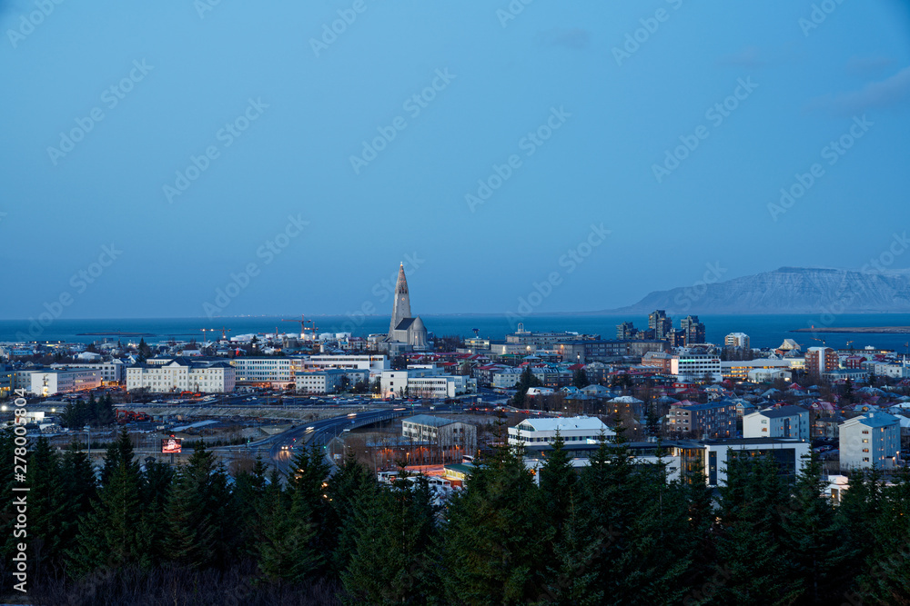 High Quality 120° Panorama of Reykjavik city after sunset during winter with snowcapped mountain view in the background from perlan (pic 1/7)