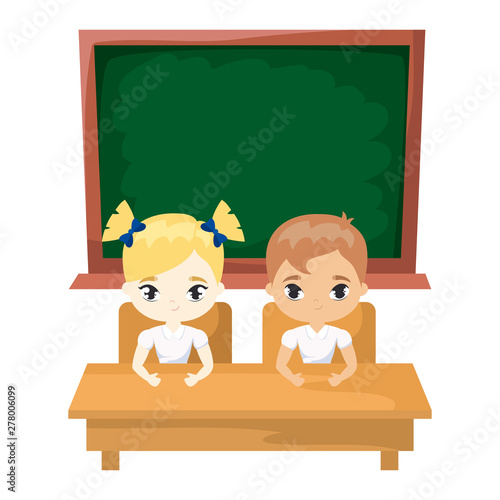 cute little students in desk with board school