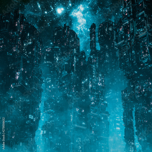 Fotografie Cyberpunk metropolis night / 3D illustration of dark futuristic science fiction