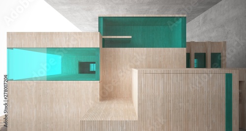 Abstract architectural concrete, wood and glass interior of a minimalist house. 3D illustration and rendering.