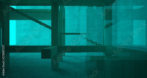 Abstract architectural concrete, wood and glass interior of a minimalist house. 3D illustration and rendering.