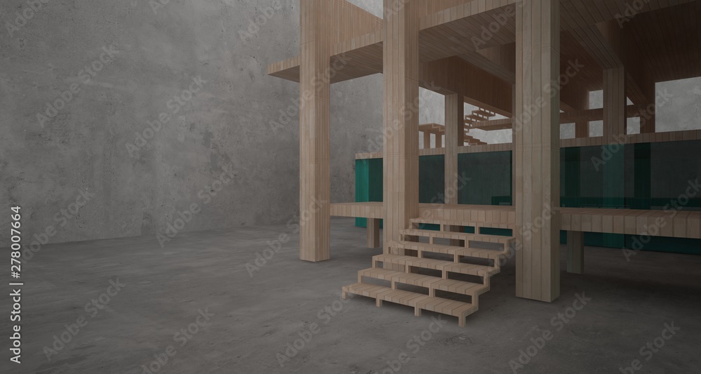 Abstract architectural concrete, wood and glass interior of a minimalist house. 3D illustration and rendering. Abstract architectural concrete, wood and glass interior of a minimalist house. 3D illustration and rendering.