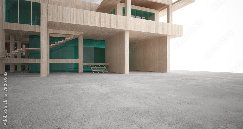Abstract architectural concrete, wood and glass interior of a minimalist house. 3D illustration and rendering.