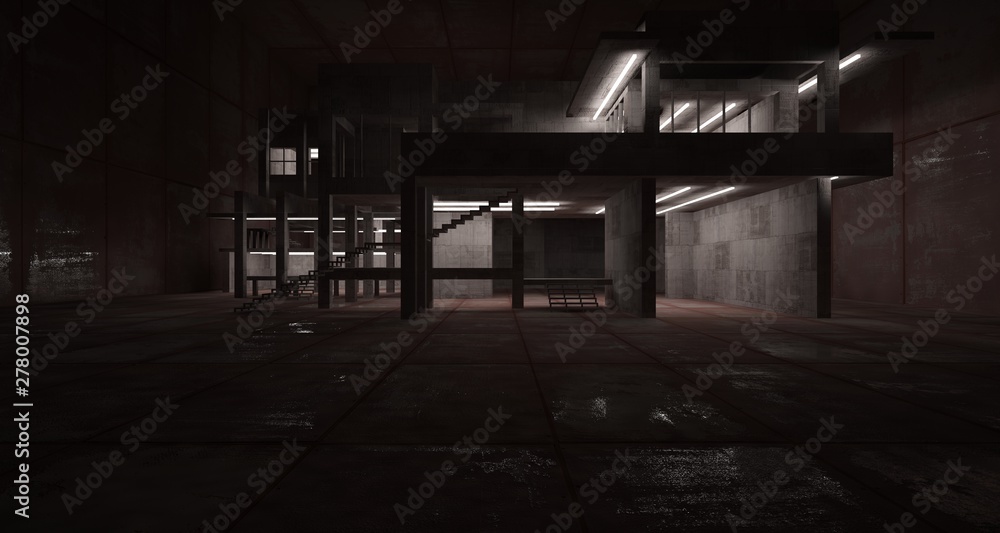 Abstract architectural concrete and rusted metal interior of a minimalist house with neon lighting. 3D illustration and rendering. Abstract architectural concrete and rusted metal interior of a minimalist house with neon lighting. 3D illustration and rendering.