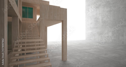 Abstract architectural concrete, wood and glass interior of a minimalist house. 3D illustration and rendering.