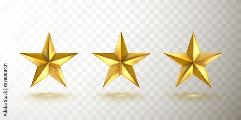 Golden christmas star set isolated on transparent background. Vector gold 3D icons. Shiny yellow metal badge or medal template. - obrazy, fototapety, plakaty 