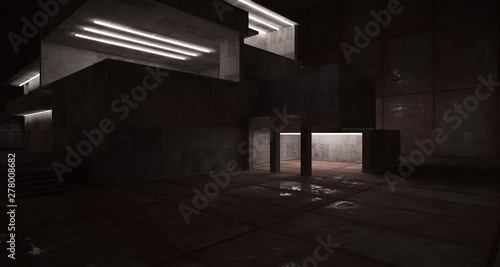Abstract architectural concrete and rusted metal interior of a minimalist house with neon lighting. 3D illustration and rendering.