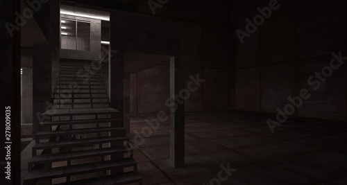 Abstract architectural concrete and rusted metal interior of a minimalist house with neon lighting. 3D illustration and rendering.