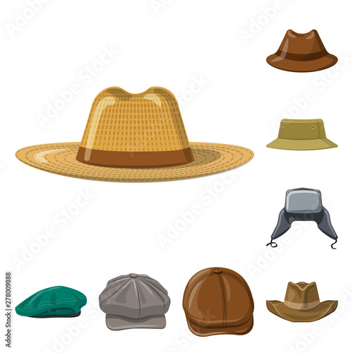 Vector illustration of headgear and cap logo. Set of headgear and accessory stock vector illustration.