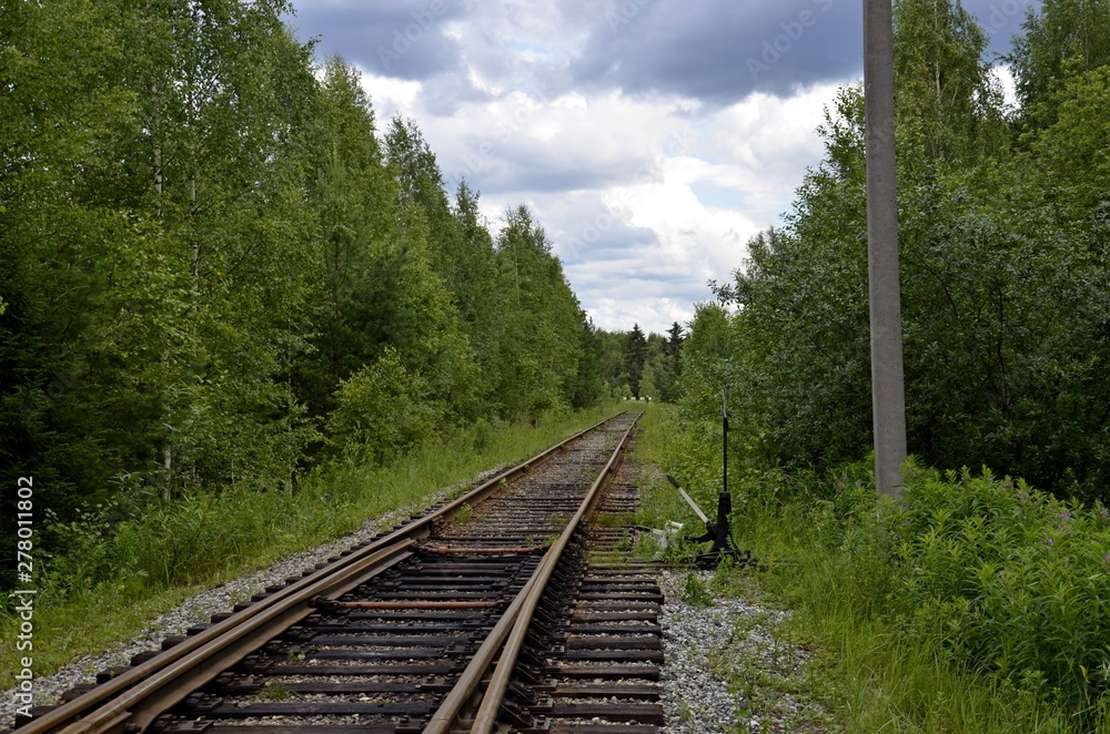 Old abandoned railway overgrown with grass. Close up railroad tracks and levers for changing railway lines. Railway impasse. The end of the railway track. Old abandoned railway overgrown with grass. Close up railroad tracks and levers for changing railway lines. Railway impasse. The end of the railway track.