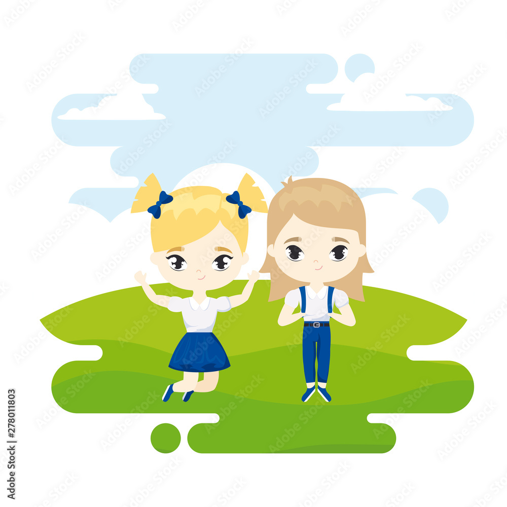 cute little student girls celebrating in landscape scene cute little student girls celebrating in landscape scene