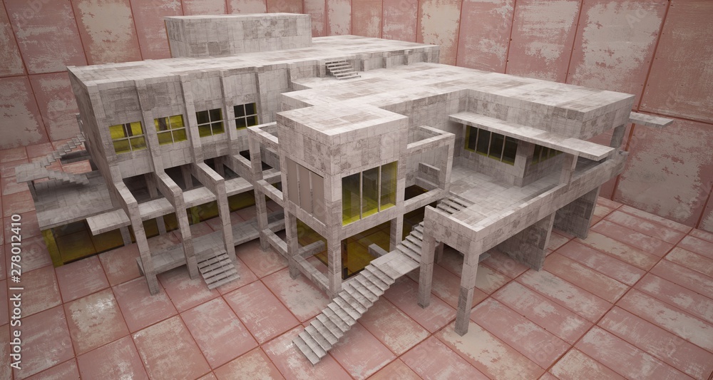 Abstract architectural concrete and rusted metal interior of a minimalist house with white background . 3D illustration and rendering. Abstract architectural concrete and rusted metal interior of a minimalist house with white background . 3D illustration and rendering.