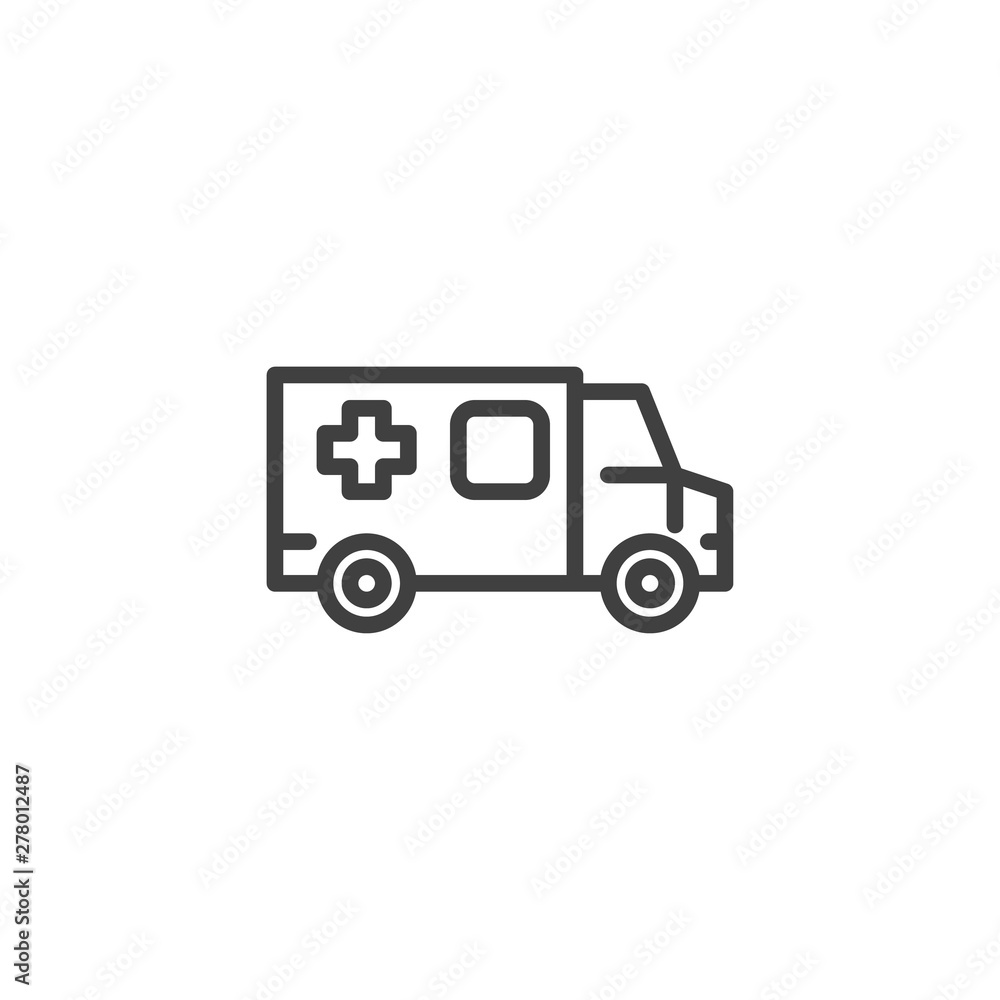 Ambulance car line icon. linear style sign for mobile concept and web design. Medical, emergency truck outline vector icon. Symbol, logo illustration. Vector graphics