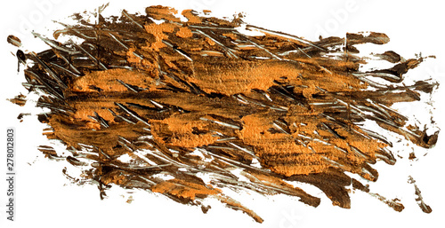 Golden with black vector oil brush stroke. Abstract varnish splash trace shape. Glossy oil paint smear on white background. Eps 10 illustration.