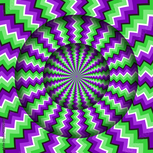 Abstract round frame with a rotating green purple zigzag pattern. Optical illusion hypnotic background.