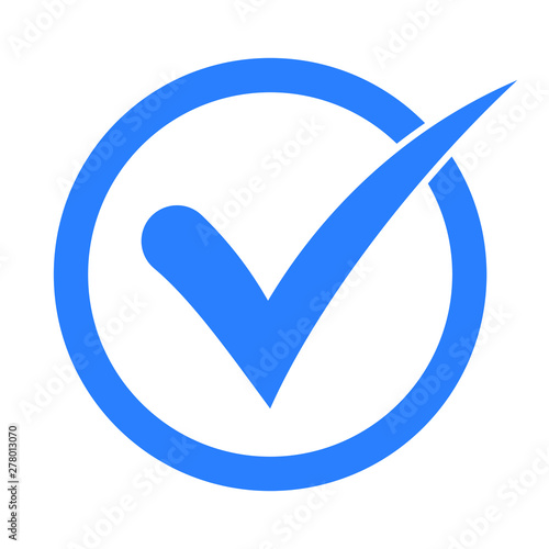 Blue tick icon vector symbol, checkmark isolated on white background, checked icon or correct choice sign, check mark or checkbox pictogram