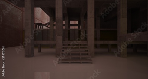 Abstract architectural concrete and rusted metal interior of a minimalist house with white background . 3D illustration and rendering.