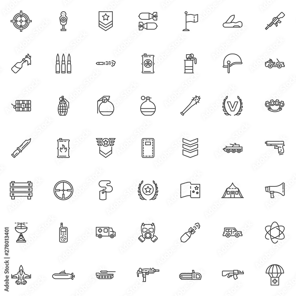 Military theme line icons set. linear style symbols collection outline signs pack. vector graphics. Set includes icons as Sniper Aim, Gun shooting target, Officer rank, Bomb, Hand grenade, Machine gun Military theme line icons set. linear style symbols collection outline signs pack. vector graphics. Set includes icons as Sniper Aim, Gun shooting target, Officer rank, Bomb, Hand grenade, Machine gun