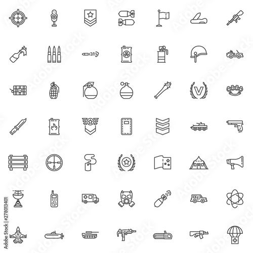 Military theme line icons set. linear style symbols collection outline signs pack. vector graphics. Set includes icons as Sniper Aim, Gun shooting target, Officer rank, Bomb, Hand grenade, Machine gun