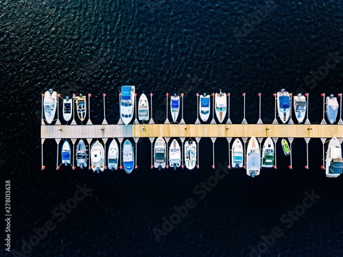 Aerial view of boats, yachts, water bike and wooden sauna in a marina in Finland photo