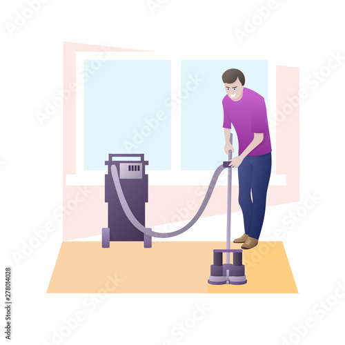 Man cleans carpet with professional equipment. Home Improvement Carpet Cleaning concept.