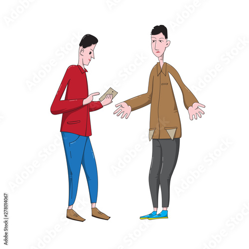 Cartoon young men discuss financial issues. Lender shows debt on smartphone and debtor turns out his pockets.